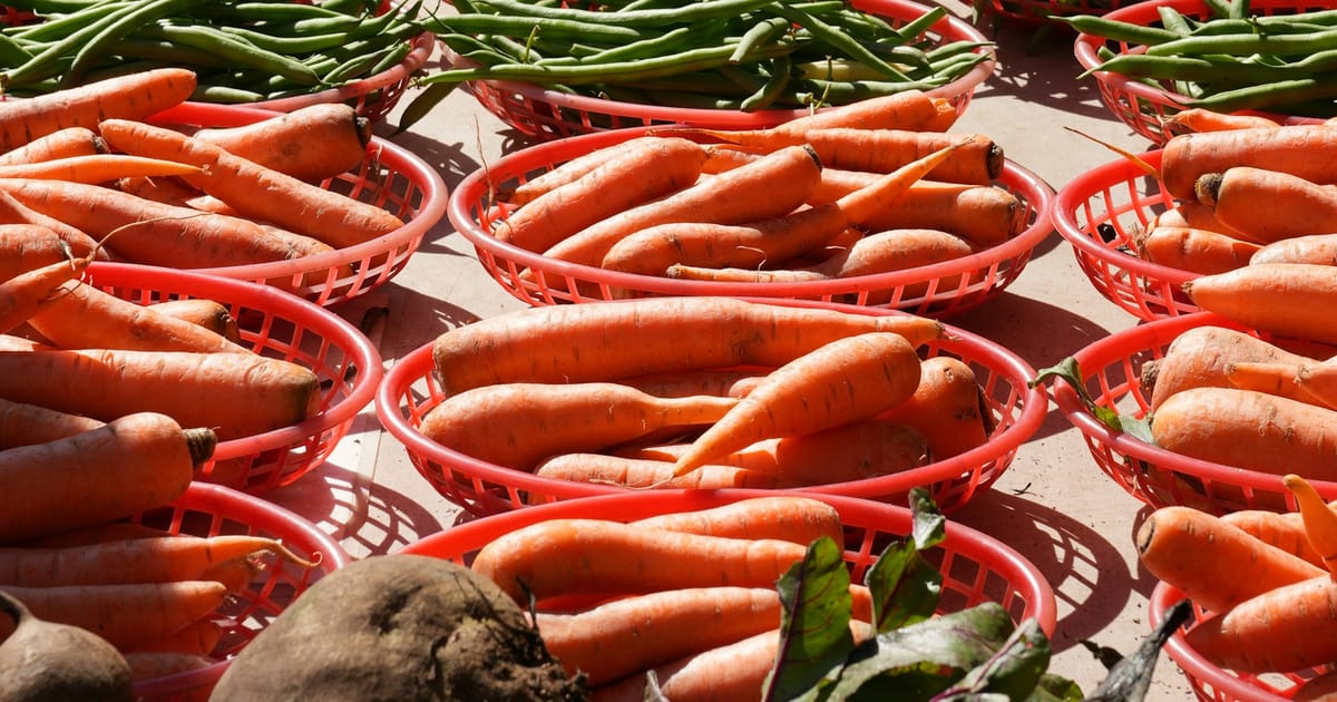 Verduras y productos frescos exhibidos en un mercado al aire libre.